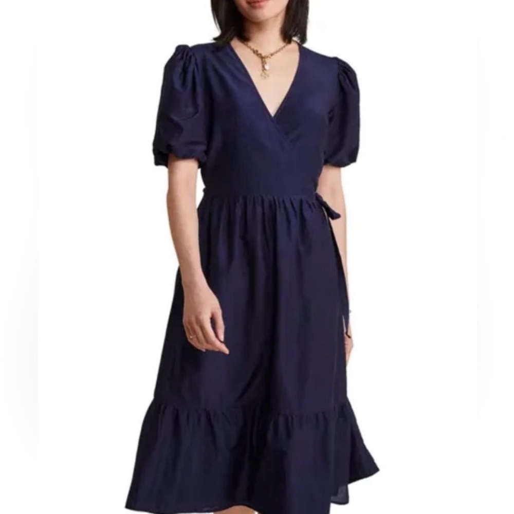 EUC Vineyard Vines Navy Blue Midi Dress Wrap Dress with Puff Sleeves